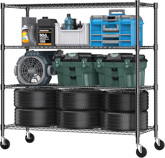 Himimi 72" H Storage Shelves 4 Tier Metal Shelving Adjustable Wire Shelf with Wheels, Heavy Duty Shelving for Garage Kitchen Pantry Bathroom Laundry 18" D*48" W*72" H, Black