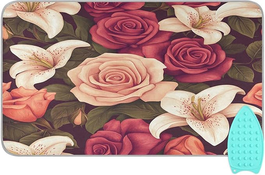 Roses and Lily Flowers Ironing Mat Thickened Ironing Blanket Travel Portable Double-Side Using Ironing Pad Travel Isolate Heat Pad Cover for Washer Dryer Table Top Countertop 27.6x47.2in