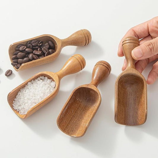 Wooden Scoops for Canisters 4PCS Wooden Scoop for Jars Acacia Mini Measuring Spoons for Ground Coffee Scoops Shovel Kitchen Scooping for Tea Powder & Bath Salt Laundry Detergent Shove- Multipurpose