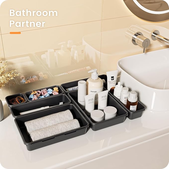 A-LuGei 【28PCS】 Drawer Organizer, Bathroom Organizers and Storage, Makeup organizer, Desk drawer organizer, Storage Bins for Kitchen Office Bedroom Vanity Jewelry Pantry Garage【Black】【4Size】