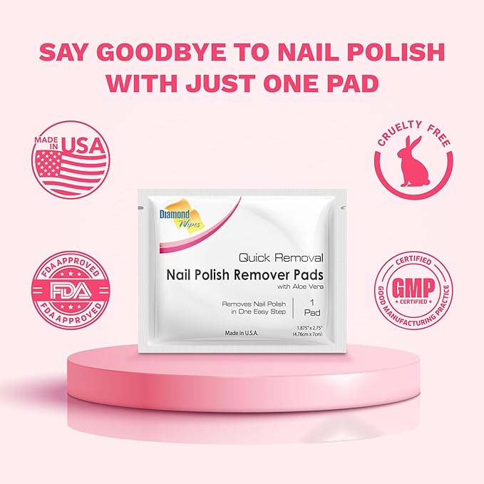 Diamond Wipes Nail Polish Remover Wipes with Aloe Vera, Acetone Nail Polish Remover Pads, 50 Individually Wrapped Nail Polish Wipes