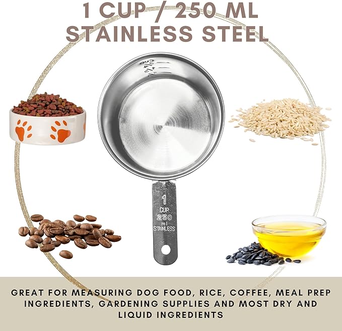 1 Cup Stainless Steel Measuring Cup | Sturdy Metal 250 ml | 240 cc | 8 oz | Single Cup for Wet and Dry Ingredients | Great for use as 1 Cup Dog Food Scoop - 1 PK