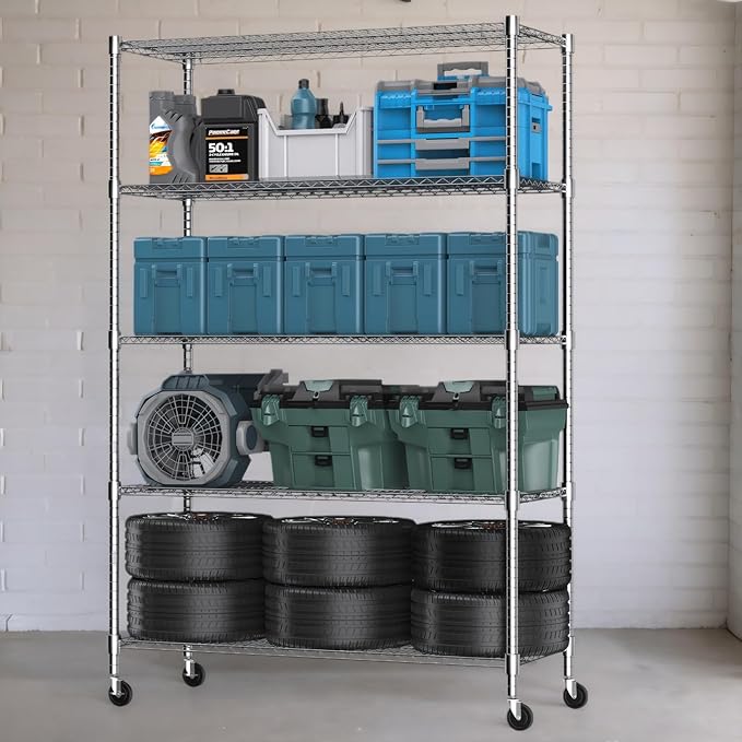 Himimi 60" W Storage Shelves, 5-Tier Wire Shelving with Wheels 3250LBS Heavy Duty Metal Shelves for Storage, Adjustable Wire Rack Shelving for Garage Kitchen Pantry 24" Dx60 Wx82 H, Silver