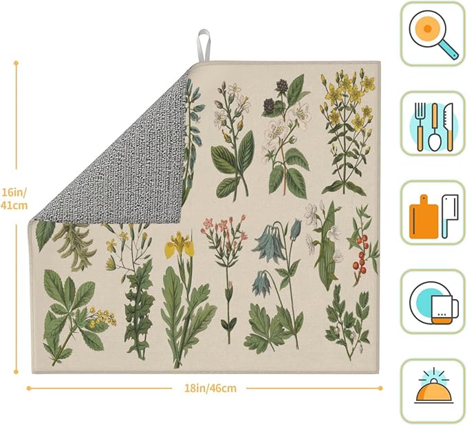 Vintage Color Plants Herbs Floral Microfiber Dish Drying Mat For Kitchen Countertop Absorbent Reversible Drainer Rack Pad 18 X 16 Inch