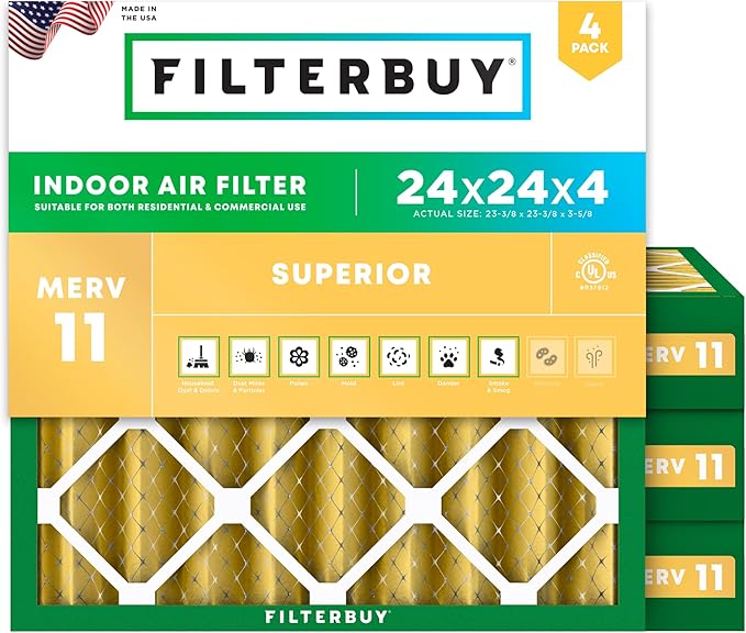Filterbuy 24x24x4 Air Filter MERV 11 (MPR 1200) Allergen Defense Replacement (4-Pack), Electrostatic Pleated HVAC AC Furnace Filters, Made in USA (Actual Size: 23.38 x 23.38 x 3.63)