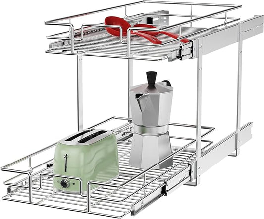 ROOMTEC Individual Pull Out Cabinet Organizer (11½" W x 21½" D), 2 Tier Spice Rack Organizer for Cabinet, Slide Out Drawer Pantry Shelf Organization and Storage for Kitchen Bathroom