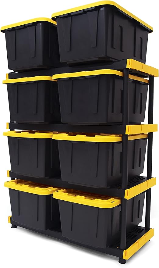 CX Black & Yellow®, Shelving Unit and Heavy Duty Storage Containers, Extremely Durable® (Shelf + 27 Gallon Container (8-Pack)