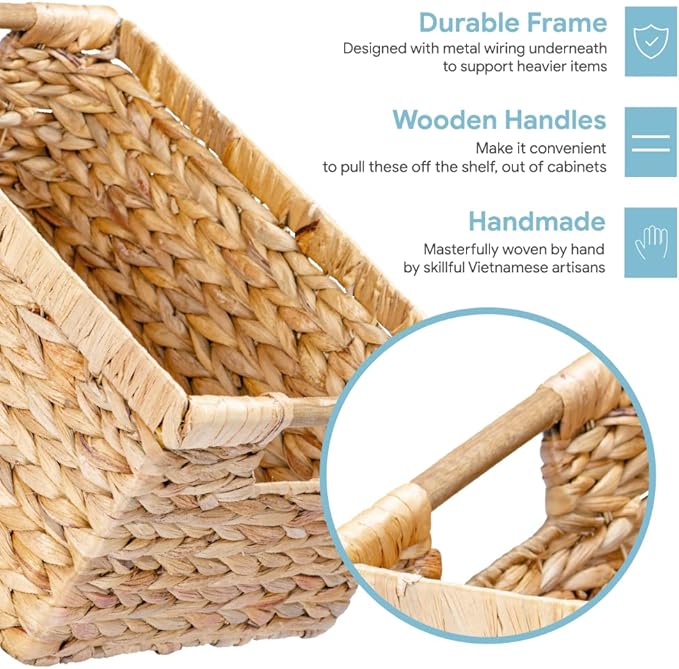 Large Wicker Basket Rectangular with Wooden Handles for Shelves, Water Hyacinth Basket Storage, Natural Baskets for Organizing, Wicker Baskets for Storage 14.5 x 10.3 x 7.5 inches - 3 Pack