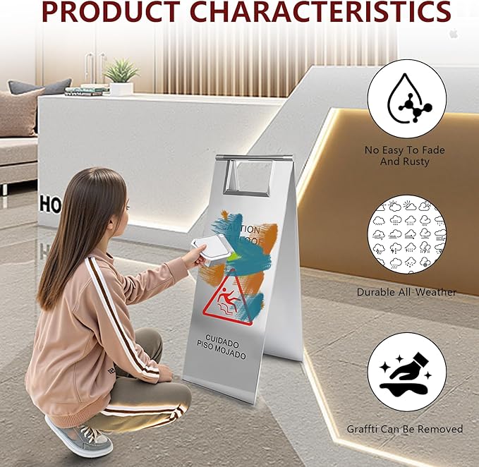 4 Pcs Stainless Steel Wet Floor Caution Sign, 24 Inch Portable Handle Bilingual Signaboard, Commercial Use Foldable Wet Floor Sign for Kitchen, Restaurant, Shop, Silver