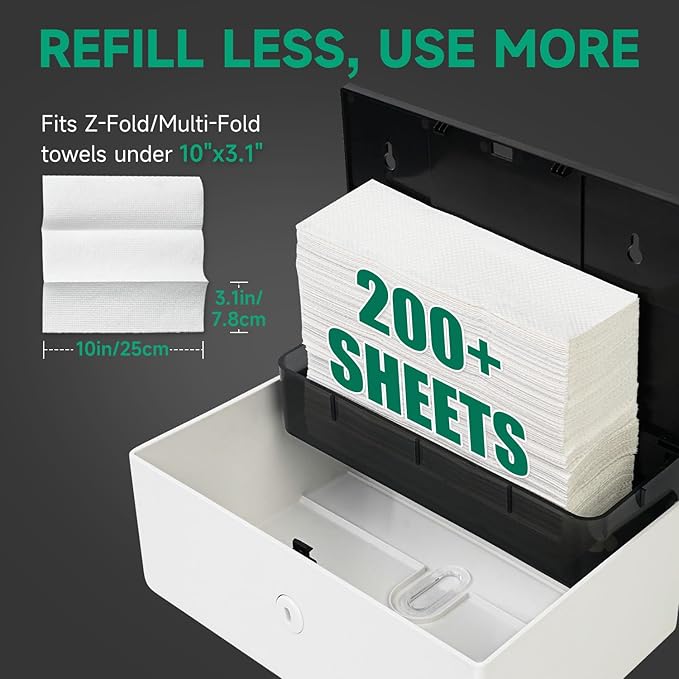 Wall-Mounted Paper Towel Dispenser – Fits Tri-Fold Towels up to 10x3.1 Inches, Holds 200 Sheets, Ideal for Home & Commercial Use (White)