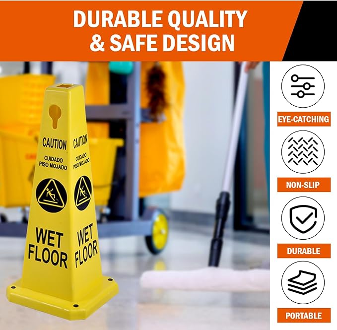 8-Pack 26.5" Caution Cones, 4-Sided Visible Safety Signs with Heavy Rubber Base, Warning for Slip & Fall Prevention, Indoor/Outdoor Use (Yellow, 8Pcs-Caution Wet Floor)