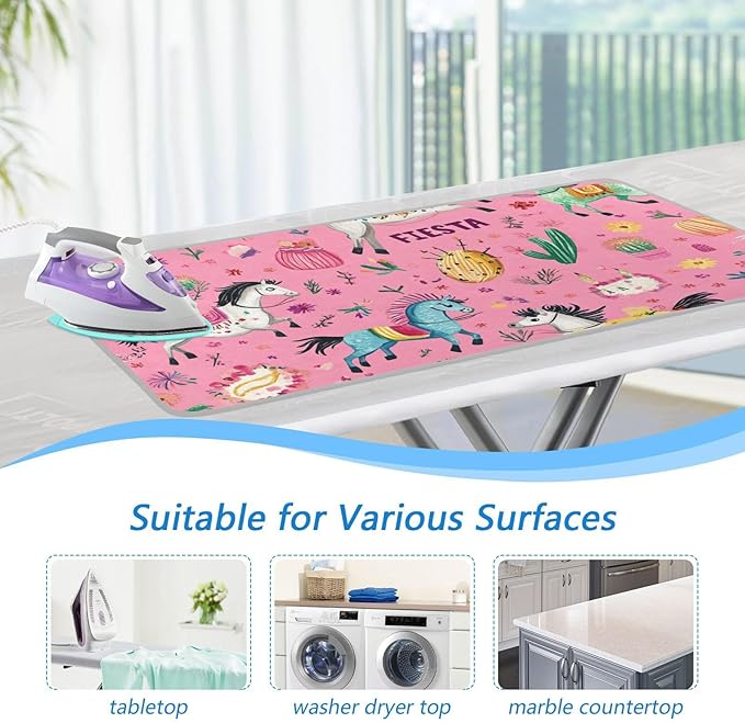 Ironing Mat Portable Ironing Pad Ironing Blanket for Table Top Heat Resistance Double-Side Using Travel Large 47.2 x 27.6 Inch Foldable Lightweight Pink Fiesta Horses Cacti Skulls