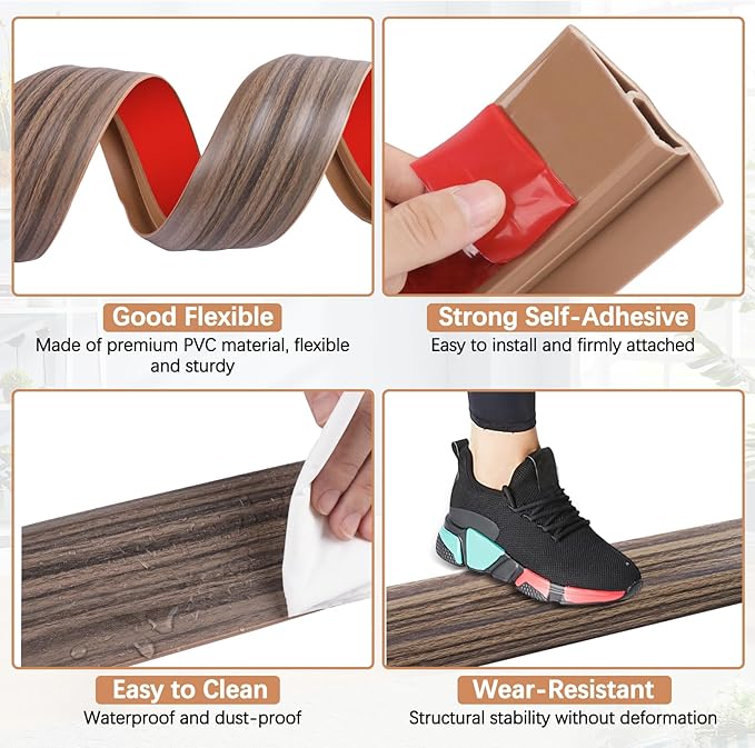 Vinyl Door Threshold Flooring Transition Strip Self Adhesive Carpet Edging Strip for Laminate Doorway Edge Threshold from 1/5" to 2/5" (Grayish Brown Wood Grain, 3.3 Ft)