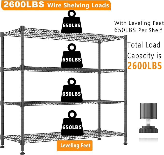 Himimi Storage Shelves 60" W Wire Shelving with Wheels 2600LBS Heavy Duty Metal Shelves for Storage, 4-Tier Adjustable Wire Rack Shelving Garage Shelving Kitchen Storage Shelves 24" Dx60 Wx72H, Black