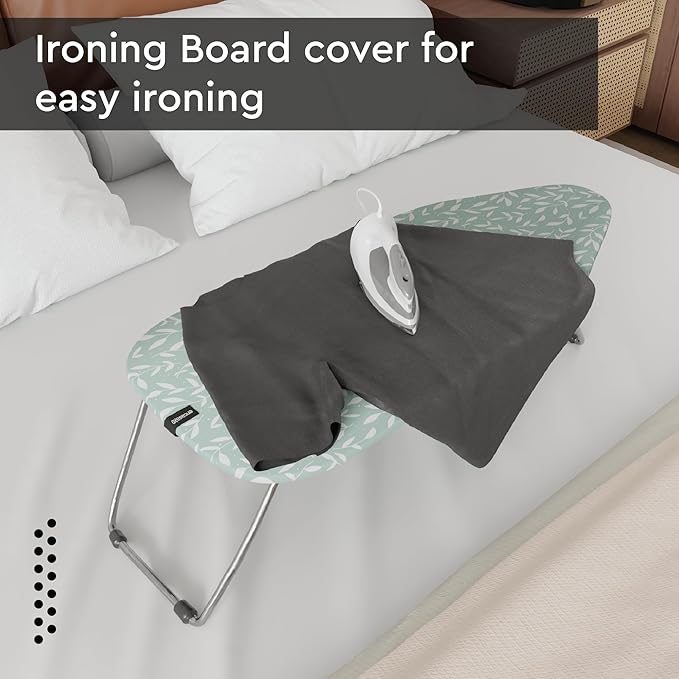 Encasa XO Ironing Board Cover and Pad 28"x12" - Thick 3mm Felt Padding, Drawstring Tightening & Lock, Easy Fit, Scorch & Stain Resistant, Fits Mini Ironing Board - Green Leaflet