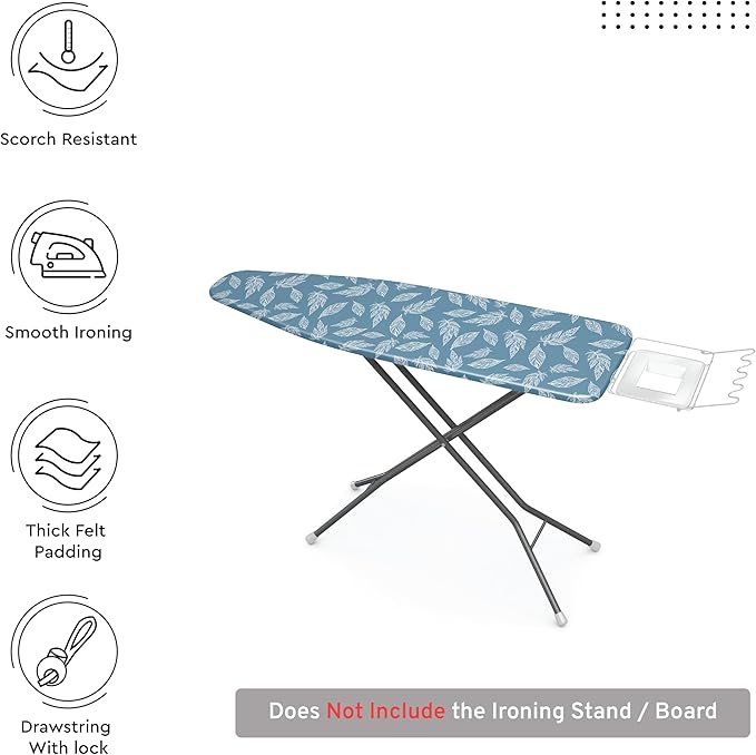 Encasa XO Ironing Board Cover and Pad 42"x14" - Thick 3mm Felt Padding, Drawstring Tightening & Lock, Easy Fit, Scorch & Stain Resistant, Fits Medium Ironing Board - Big Leaves Blue