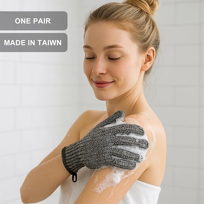 Exfoliating Gloves with Hanging Loop - 1 Pair Bamboo Charcoal Bath/Shower Gloves, Bath Gloves for Shower Exfoliating and Ingrown Hair/Dead Skin Remover - Bamboo Charcoal - Exfoliator Mitt Scrub Gloves