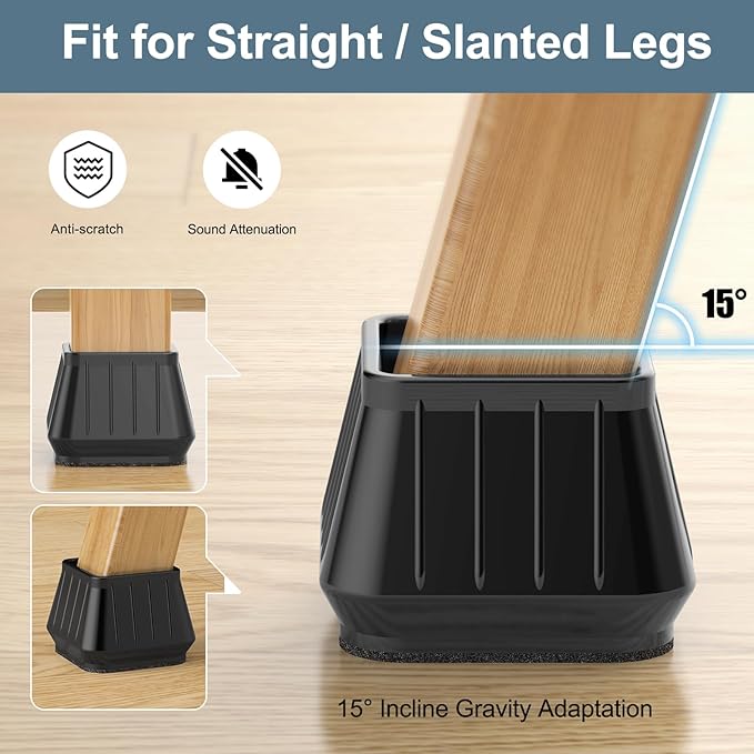 24PCS Square Chair Leg Floor Protectors for Hardwood Floors, Thicken Rubber Chair Leg Cap Covers, Non Slip Furniture Leg Pads to Protect Wood Tile Floors from Scratches and Reduce Noise