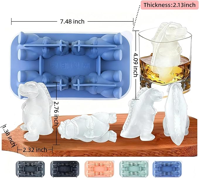 7.48inch Newly Upgraded 4-grid 3D Dinosaur Ice Tray and Covered Silicone Ice Tray, Suitable for Bars, Outdoor and Home Use (1, 2 colors randomly)