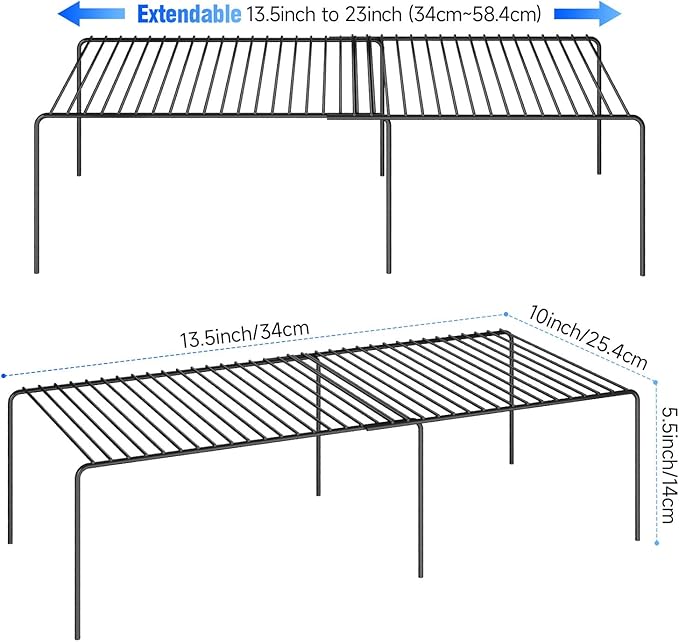 Expandable Storage Shelf, Pantry Organizers and Storage, Adjustable Rustproof Metal Wire Spice Rack, Space Saver Kitchen Storage Shelves for Pan, Pot, Countertop, Drawer, Fridge, Set of 2, Black