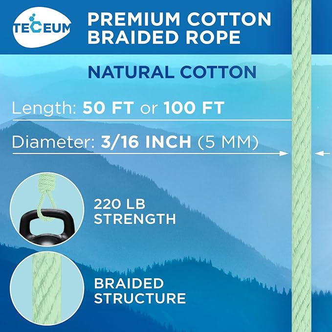 TECEUM Cotton Rope 3/16” (5 mm) – 50 FT – Strong All-Purpose Braided Rope – Natural Cotton – for Crafting, Сamping, Clothes Line, DIY, Indoor & Outdoor Use – Mint