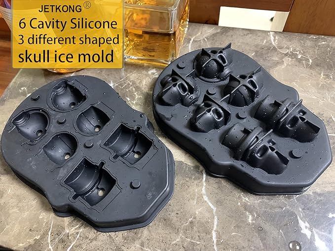 JETKONG 6 Cavity Skull Ice Maker - Silicone Skull Shaped Ice Mold and Tray for Whiskey, Cocktails and Beverages