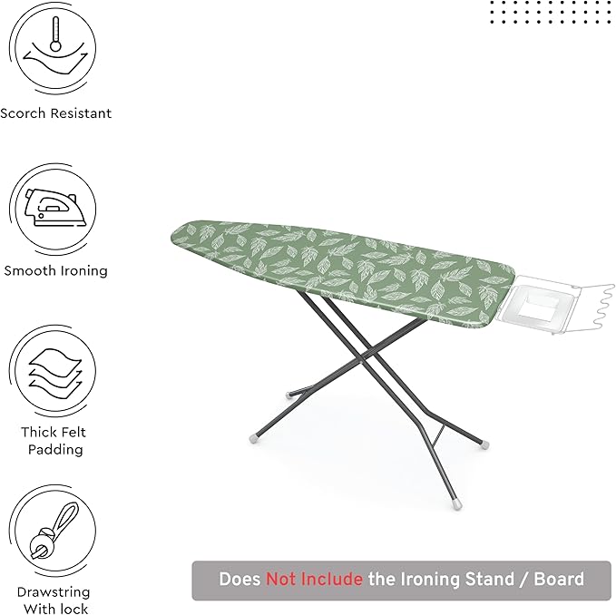 Encasa XO Ironing Board Cover and Pad 54"x15" - Thick 3mm Felt Padding, Drawstring Tightening & Lock, Easy Fit, Scorch & Stain Resistant, Fits Standard Large Ironing Board - Big Leaves Green