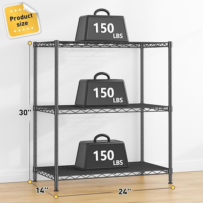 Storage Shelves Adjustable Wire Shelving Metal Wire Rack Shelving Unit Storage Shelf for Kitchen Laundry Room Pantry Closet Bathroom 24" W x 30" H x 14" D Black
