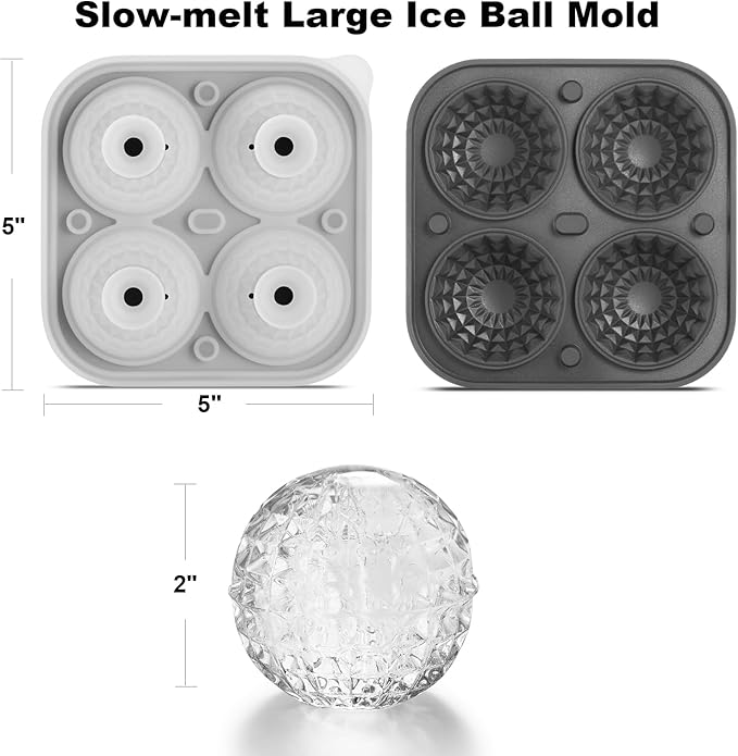 Nax Caki 3D Ball Crystal Ice Cube Tray, Large Ball Silicone Fun Shapes Whiskey Ice Mold with Funnel for Cocktails, Bourbon,Brandy, Whiskey Gifts for Men Black
