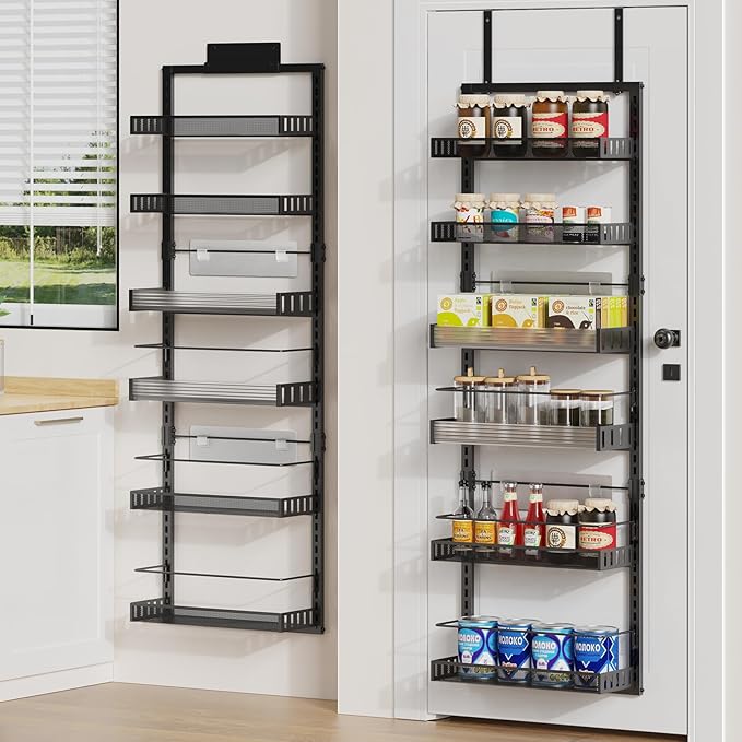 6-Tier Over the Door Pantry Organizer, 2 in 1 Large Door Spice Rack with Adjustable Metal Baskets, Heavy Duty Hanging or Wall Mounted Storage Organizer for Kitchen Pantry and Room Wall