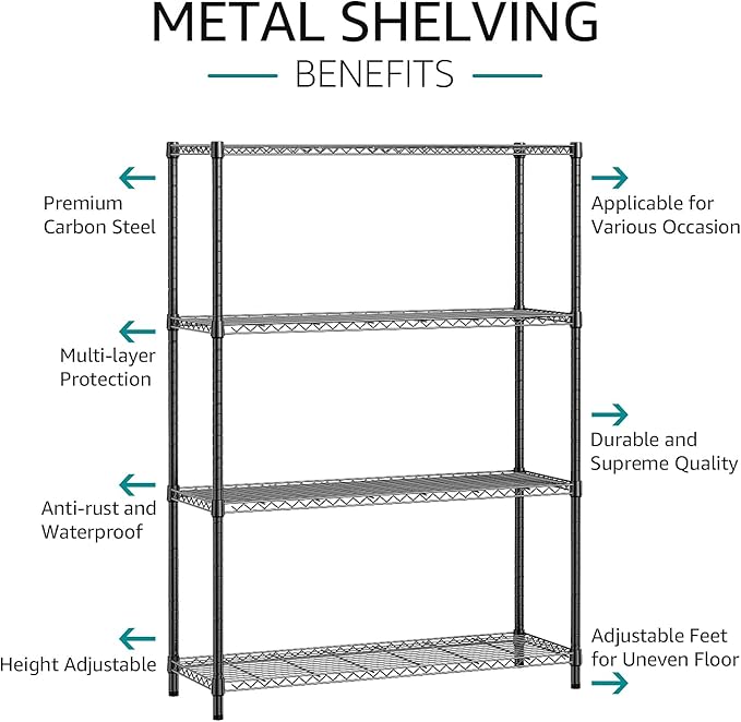 IZEUK 1400 LBS Garage Black Shelving Wide Storage Shelves 4 Tier Adjustable Heavy Duty Metal Wire Rack Standing Shelf Unit for Kitchen Office College Dorm Garage Warehouse 15.8" x 45.8"x 59.4"