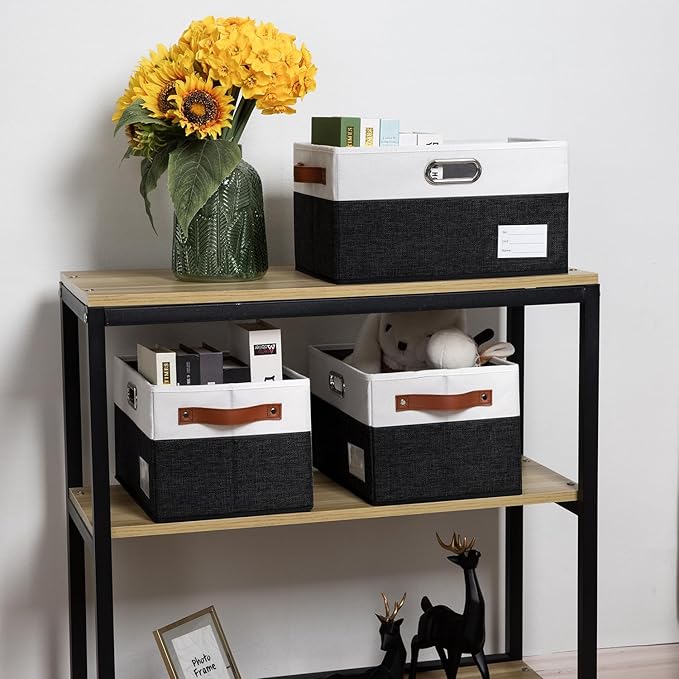 PRANDOM Foldable Storage Bins with Handles [3-Pack] Fabric Collapsible Storage Boxes Baskets Cubes Containers with Handles for Closet Living Room Bedroom (Black & White 14.9x9.8x8.3'')