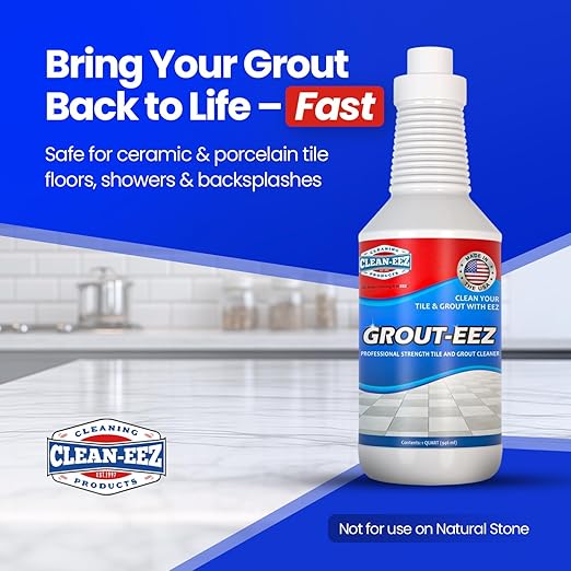 Clean-eez Grout-eez Tile Cleaner with Handheld Brush – 32 oz Heavy-Duty Stain Remover for Ceramic and Porcelain Surfaces – Safe for Colored Grout – Not for Natural Stone – Bathroom & Kitchen Use