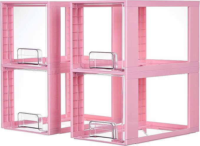 Vtopmart 4 Pack Large Stackable Storage Drawers,Pink,Easily Assemble Acrylic Bathroom Closet Undersink Organizers and Storage,Plastic Bins for Kitchen Cabinets,Pantry,Makeup,Medicine Organization