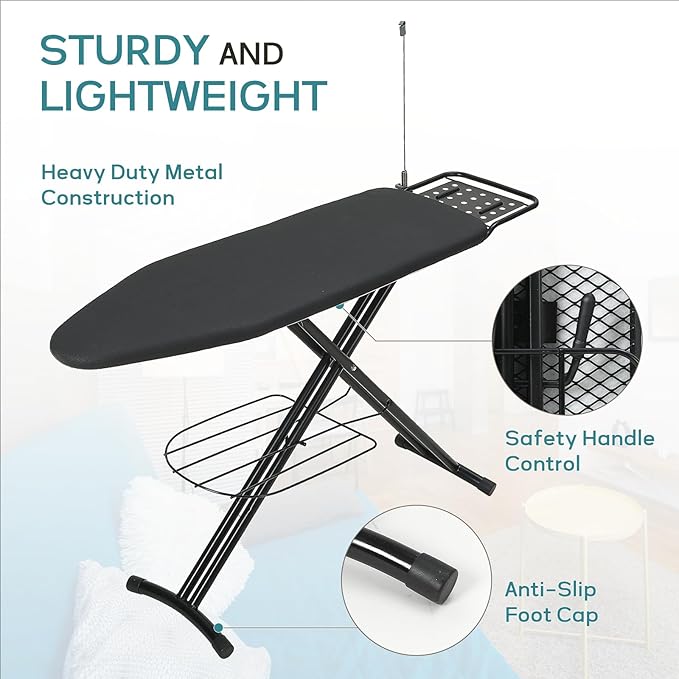 Ironing Board Full Size, RAINHOL 43"x13" Sturdy Iron Board with Iron Rest and Garment Rack, Height Adjustable Metal Construction with Ultra Thick Cover and Padding, Foldable and Heavy Duty