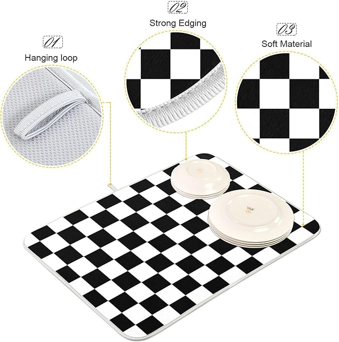 Black White Chessboard Dish Drying Mat for Kitchen Countertop 18x24 Plaid Checkered Rectangle Large Drying Mat Reusable Quick Dry Dish Sink Absorbent Mats Easy Clean Decorative Home Essentials
