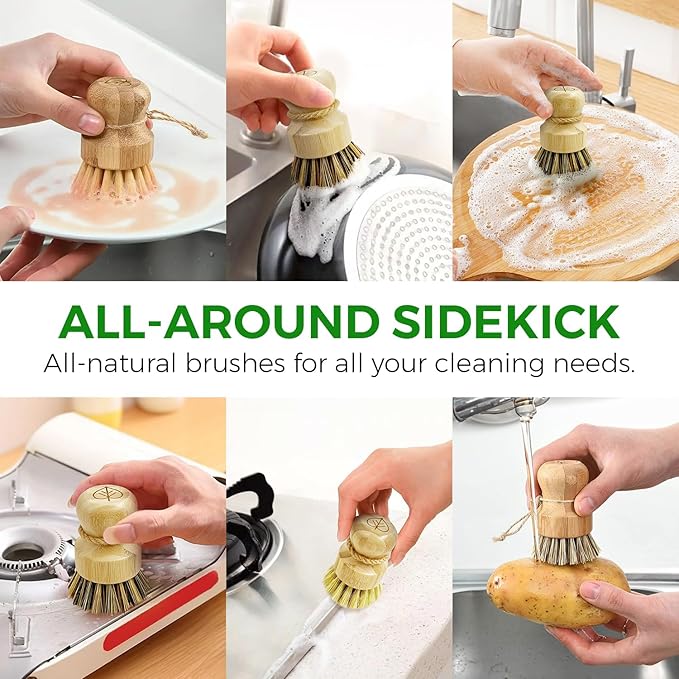 Bamboo Dish Brush Set of 3-100% Plastic Free Kitchen Scrubber with Medium Stiff Sisal and Strong Blend of Coconut Bristles - Non Scratch, Odor Free Wood Scrub for Pots, Pans and Vegetables