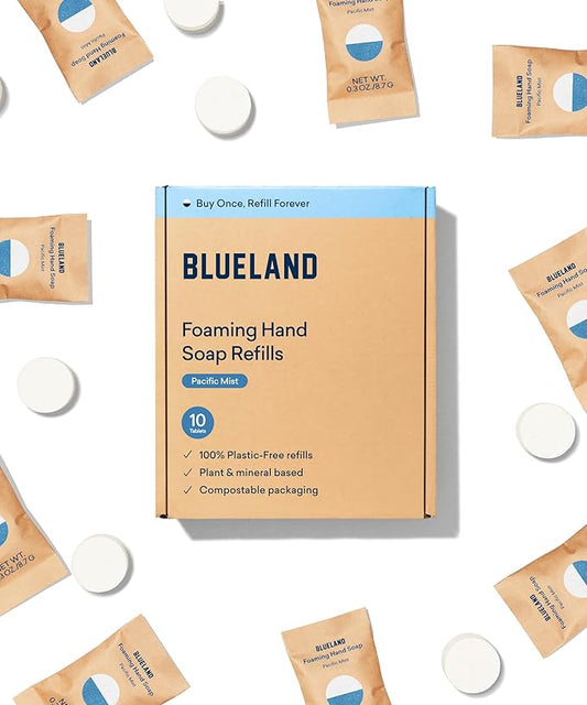 BLUELAND Foaming Hand Soap Refill Tablets, 10-Pack, Pacific Mist Scent, Eco Friendly Cleaning Products, 10 x 9 Fl oz