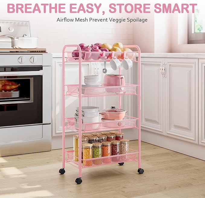 TOOLF 4 Tier Rolling Utility Cart - Durable Metal Design Pink Utility Cart, Storage Trolley on Wheels with 3 Hooks, Perfect for Kitchen, Bathroom & Laundry Room Organization