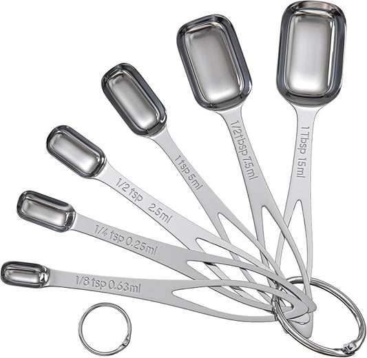 6PCS Narrow Measuring Spoons Set, Stainless Steel Measuring Spoon Fits in Spice Jars, Metal Teaspoon Measuring Spoons, Rectangular Tablespoon, Long Measuring Spoons for Dry & Liquid Ingredients