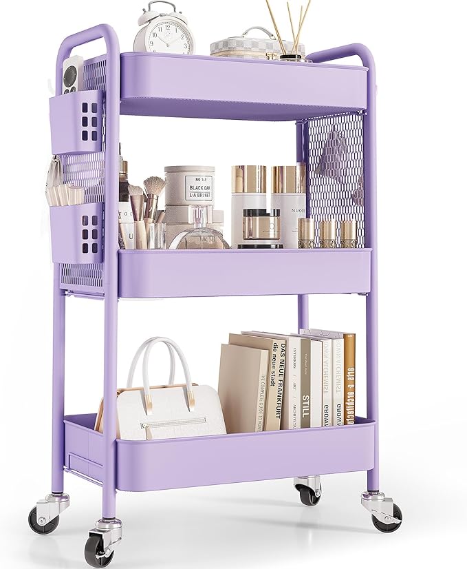 TOOLF 3 Tier Rolling Cart Storage Organizer, Metal Rolling Utility Cart with Wheels, Hooks & Bins Esthetician Craft Art Sturdy Storage with Pegboard for Bathroom, Kitchen, Office, Nursery Diaper