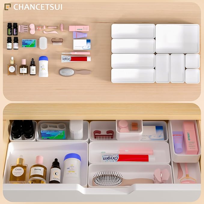 9 Pcs Stackable Drawer Organizer Trays Set, Multifunctional Stackable Storage Trays for Vanity, Bathroom, Kitchen, Desk Drawer Organizer Office. Plastic Drawer Organizers Available In 5 Colours, White
