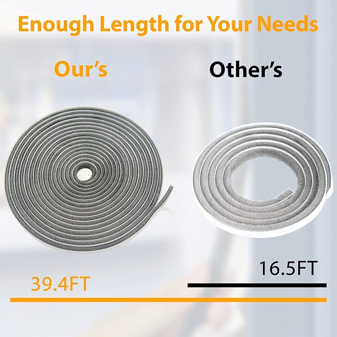 39.4FT Brush Weather Stripping, Neat Pile Self Adhesive Seal Strip for Windows and Door, Weatherstrip for Soundproofing, Windproof, Dustproof, Stronger Stickiness, 0.35'' Wide x 0.35'' Thick, White