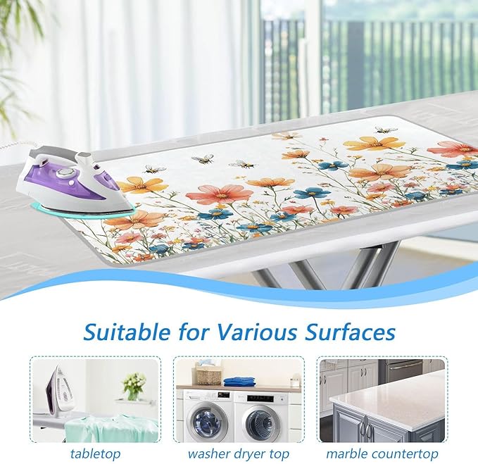 Yellow Wildflower Bees White Ironing Mat for Table top Portable Ironing Pad Blanket for Washer Dryer Countertop Travel