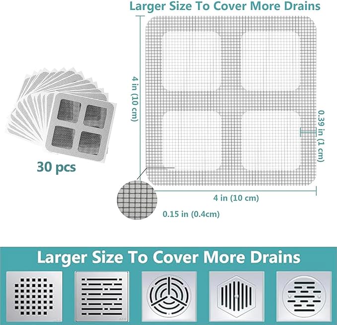 30pcs Disposable Shower Drain Hair Catcher Screen Sticker 4" X 4" Square Floor Drain Strainer Mesh Filter Cover for Bathroom Laundry Tub Bathtub Sink for Human Pet Sewer Bulk Blocking