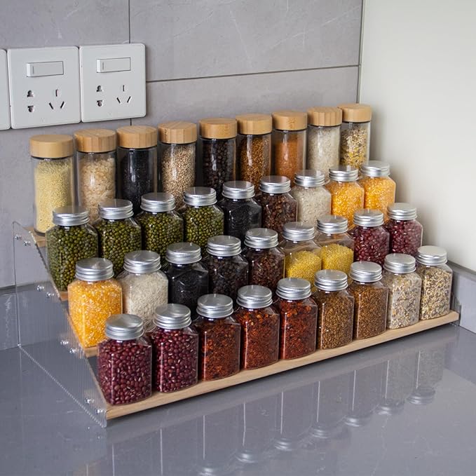 nianfeng Tiered Spice Rack, 4-Tier Spice Pantry Kitchen Cabinet Organizer, 19.9-Inch, Natural Wood Acrylic Stair Riser Stand, Countertop Seasoning Shelf