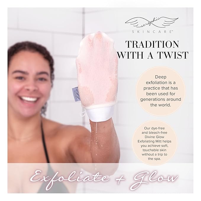 Seraphic Skincare Divine Glow Exfoliating Mitt (1pc) – 100%, Dye-Free, Bleach-Free Vegan Viscose Korean Exfoliating Glove – Body Exfoliator for Self-Tan Removal & Keratosis Pilaris
