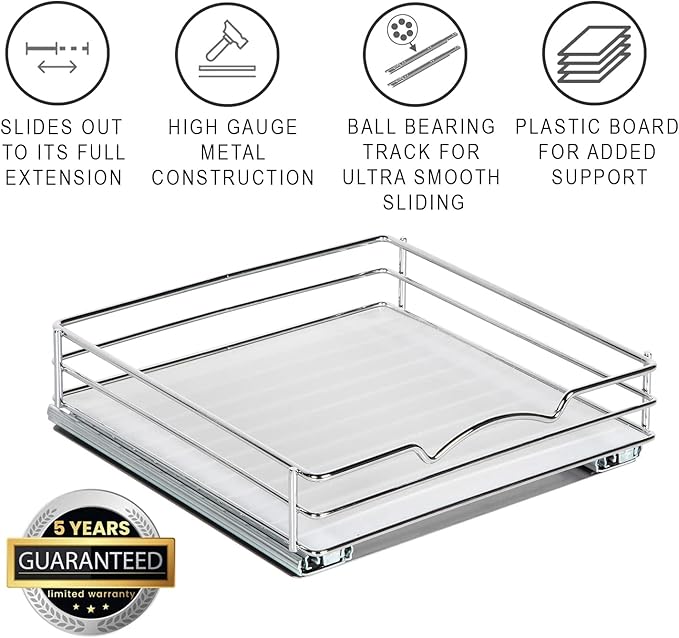 Pull Out Cabinet Organizer for Spices, Cans - Heavy Duty with Lifetime Limited Warranty- Pull Out Spice Rack- Cabinet Pull Out Shelf for Cans,Dishes, Etc, 10"W x 10"D x 2-1/8 H, Chrome