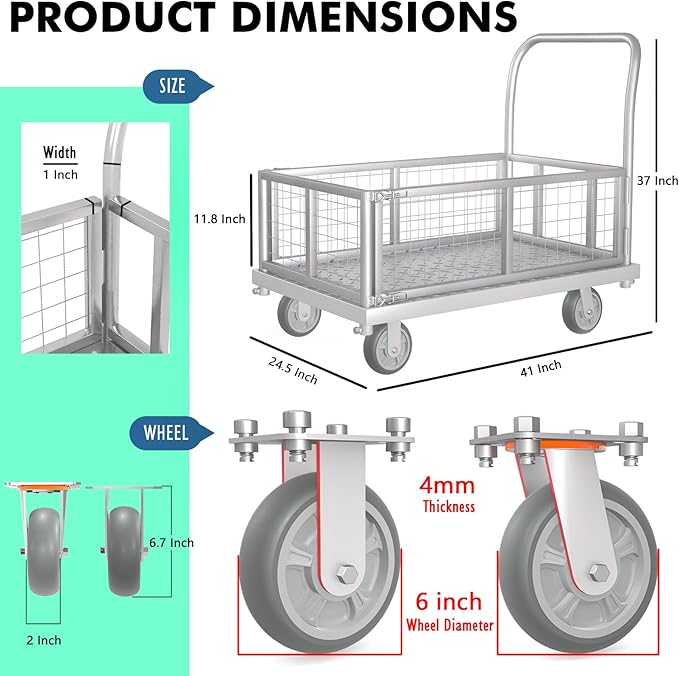4-in-1 Platform Truck Cart with Cage, Multi-Purpose Heavy Duty Steel Flatbed Cart with 2200lbs Capacity Platform Hand Truck 6" Wheels Push Cart Dolly for Groceries, Garage, Warehouse (41“L x 24" W)