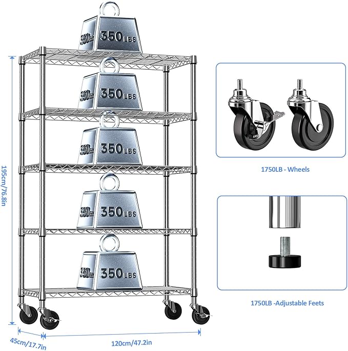 IZEUK 5-Tier Storage Shelving Unit with Wheels, Adjustable Heavy Duty Steel Wire Rack Organizer (Chrome, 17.7" D x 47.2" W x 76.7" H, 1750 lbs Capacity) for Garage, Kitchen, Pantry, Laundry, Basement